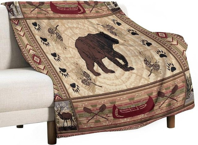 JMG Household Supplies Retro Bär Bettwäsche Fleece Überwurfdecke im Landhausstil, Beige, B/H: 173 x 218 cm - Bild 1
