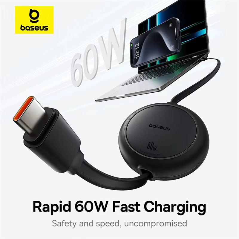 Baesus einziehbares 60 W USB-C-Schnellladekabel für iPhone 16 15 Plus Pro Max, MacBook, iPad und Xiaomi in Schwarz oder Lila - Bild 2