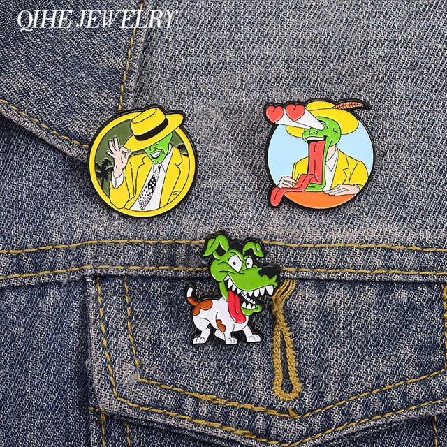 QIHE JEWELRY Brosche Emaille, Grüne Maske Figur Hund, Bunt - Bild 1