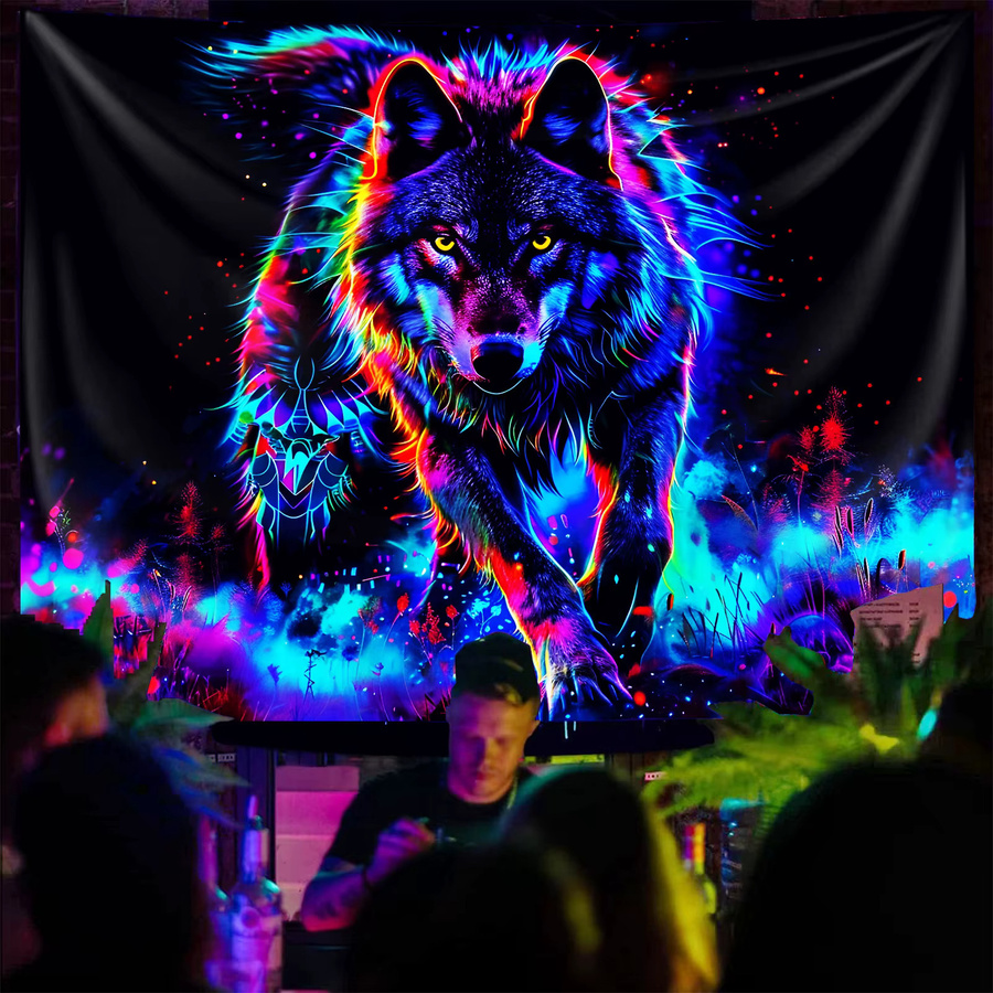 VIKAMA Neon Wolf Totem Wandteppich, Mehrfarbig, B/H: 60 x 40 cm - Bild 2