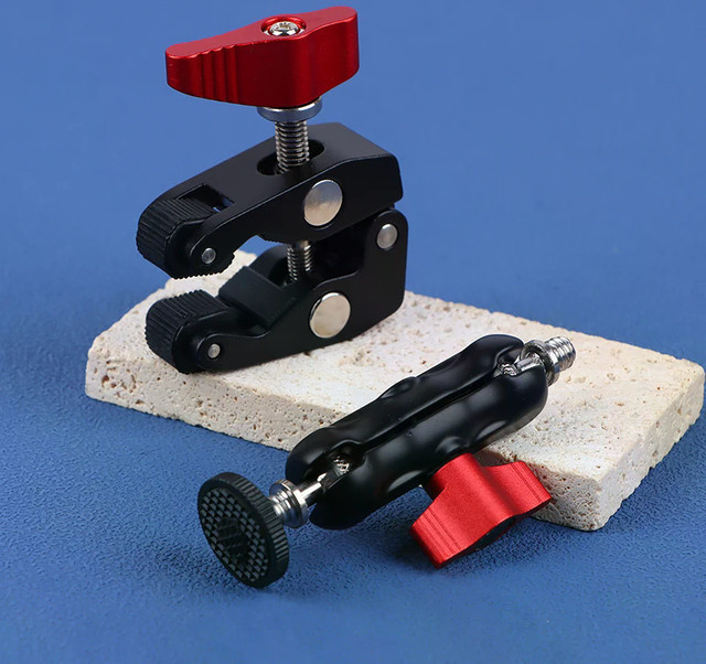 Doppelkugelkopf-Magiearmklemme aus Aluminiumlegierung in Schwarz mit 1/4 Zoll und 3/8 Zoll Halterung für Telefon, Kamera, LED-Licht und Mikrofon - Bild 1