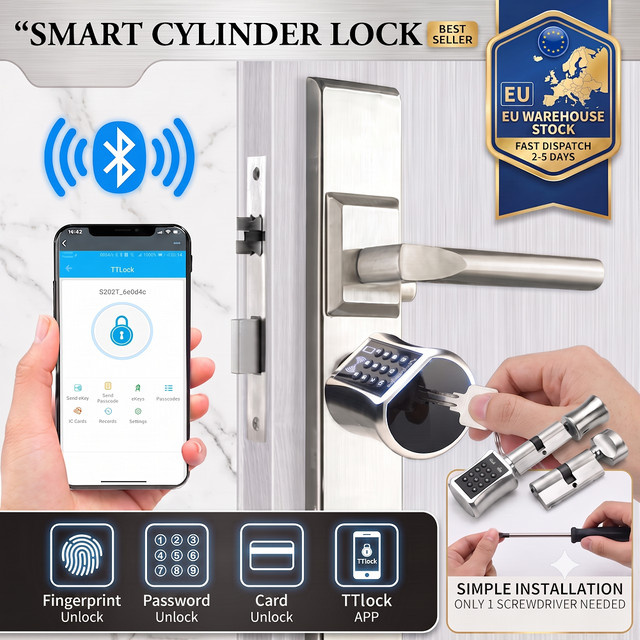 Realhelp Smart-Türschloss-Zylinder in Silber mit TTlock App, Fingerabdruck, digitaler Tastatur und Karten-Entsperrung, DIY Elektronisches Schlüsselloses Heimsicherheitsschloss mit EU-Profil - Bild 1
