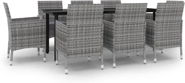 vidaXL 9-teilige Garten-Essgruppe aus Poly Rattan und Glas in Grau mit Auflagen - Bild 1