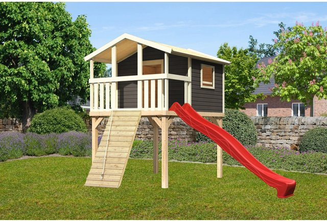 Karibu Stelzenhaus Benjamin Set in Terragrau mit Holzrampe und Rutsche, B/H/T: 198 x 309 x 244 cm - Bild 1