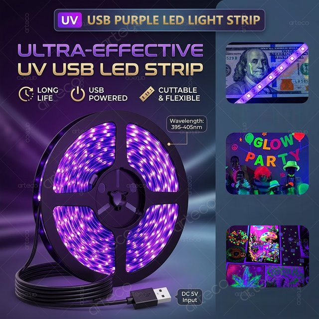 Arteco UV-LED-Lichtstreifen Flexibles LED-Band in Violett mit 395-405nm Wellenlänge, 2835 SMD Technologie, DC5V USB-Anschluss für Party und Raumdekoration - Bild 1