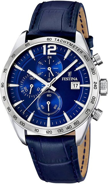 Festina Chronograph, Quarz, Edelstahl, Blau, Leder, 44 mm, Herren - Bild 1