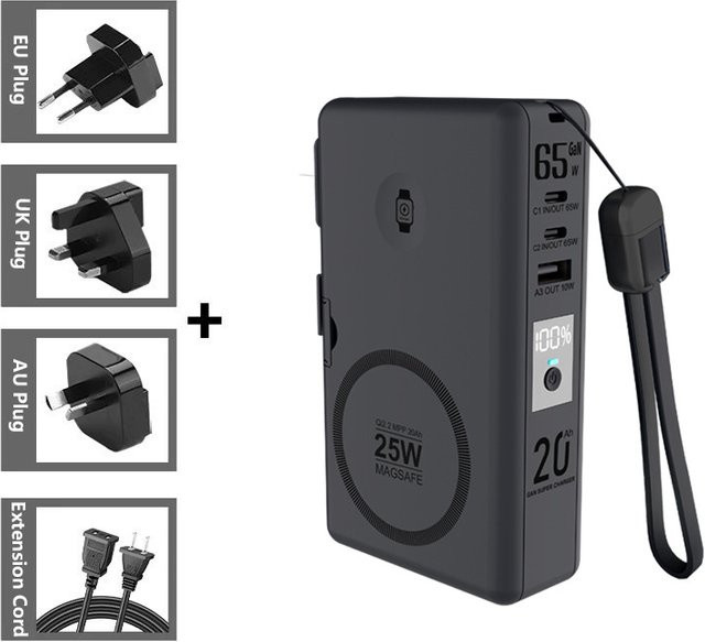 Magnetische kabellose Powerbank 20000 mAh mit Qi2.2 25 W und PD 65 W Schnellladegerät inklusive Stecker, Schwarz - Bild 1