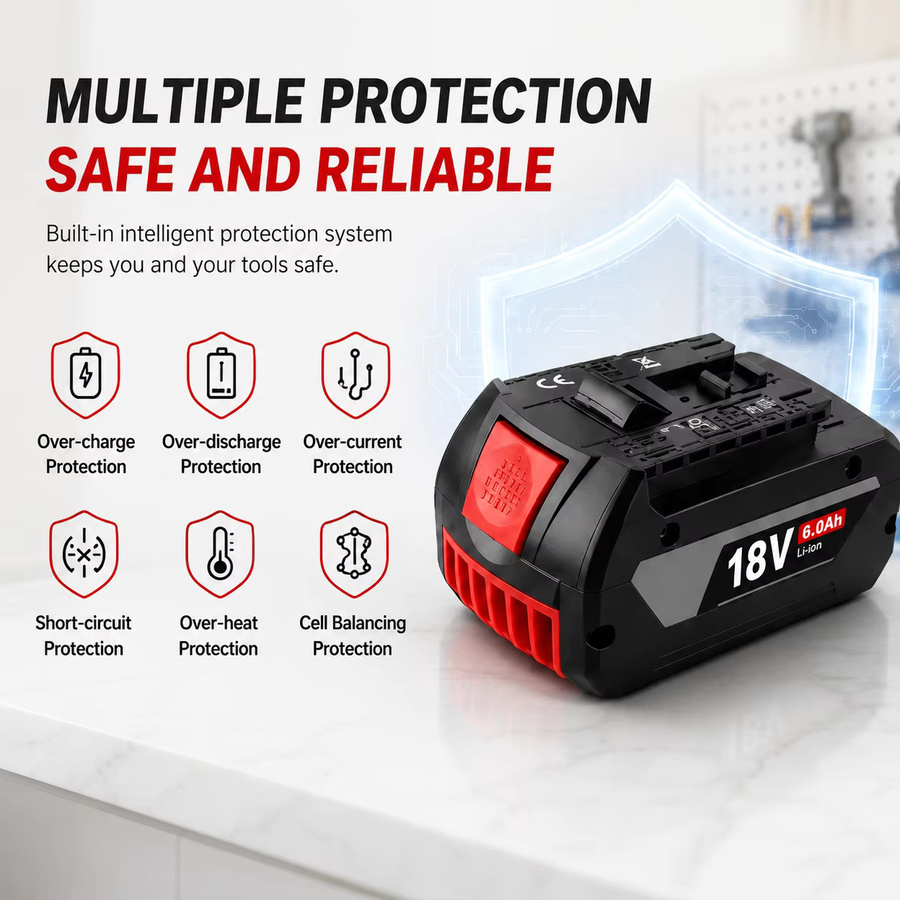 Bosch 18V 6.0 Ah Lithium-Ionen Akku, kompatibel mit Bosch Professional BAT609 BAT609G BAT618 BAT618G, Schwarz - Bild 4