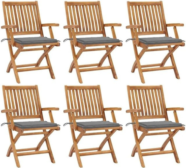 6er Set klappbare Gartenstühle aus Teakholz mit Kissen von vidaXL in Braun und Grau - Bild 1