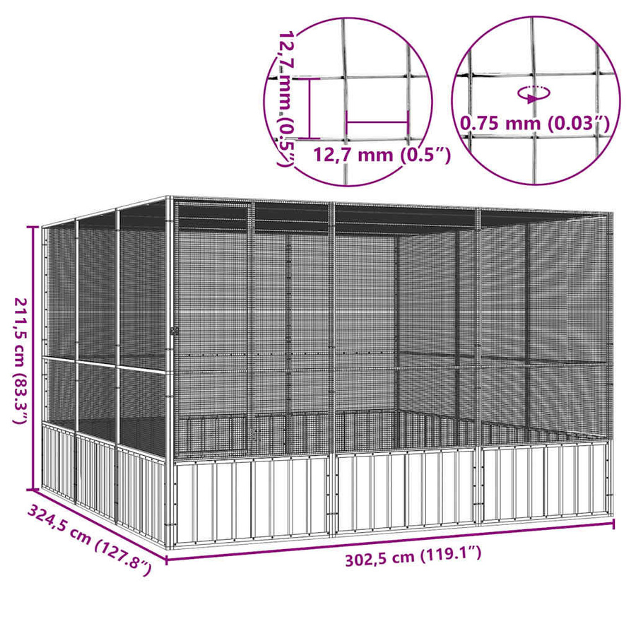 vidaXL Vogelkäfig Voliere aus verzinktem Stahl, Anthrazit, B/T/H: 302,5 x 324,5 x 211,5 cm - Bild 3