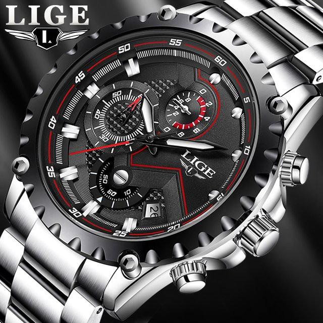 LIGE Armbanduhr Quarz, Edelstahl, Schwarz, Silber, Herren - Bild 1