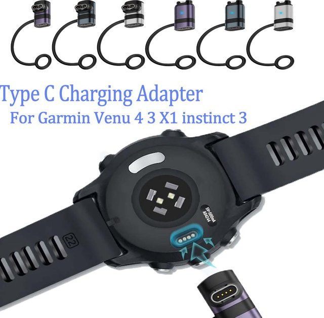 USB-C Schnellladegerät Typ-C-Adapter für Garmin Fenix, Approach und Lily Smartwatches in Schwarz und Silber - Bild 1