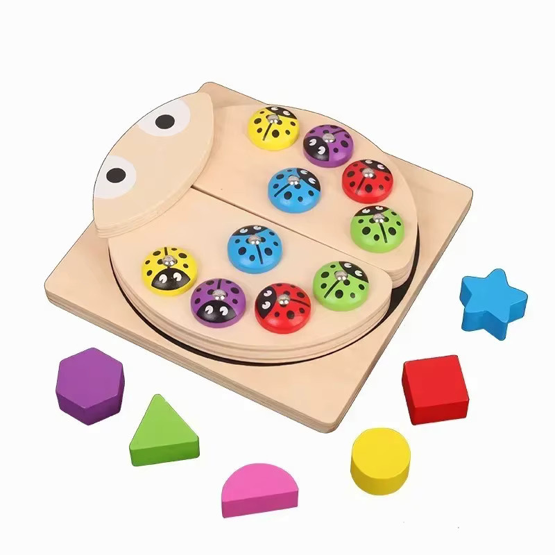 Magnetisches Angelspiel aus Holz in Marienkäfer-Form mit bunten Tier-Puzzle-Bausteinen zur frühkindlichen Förderung - Bild 3