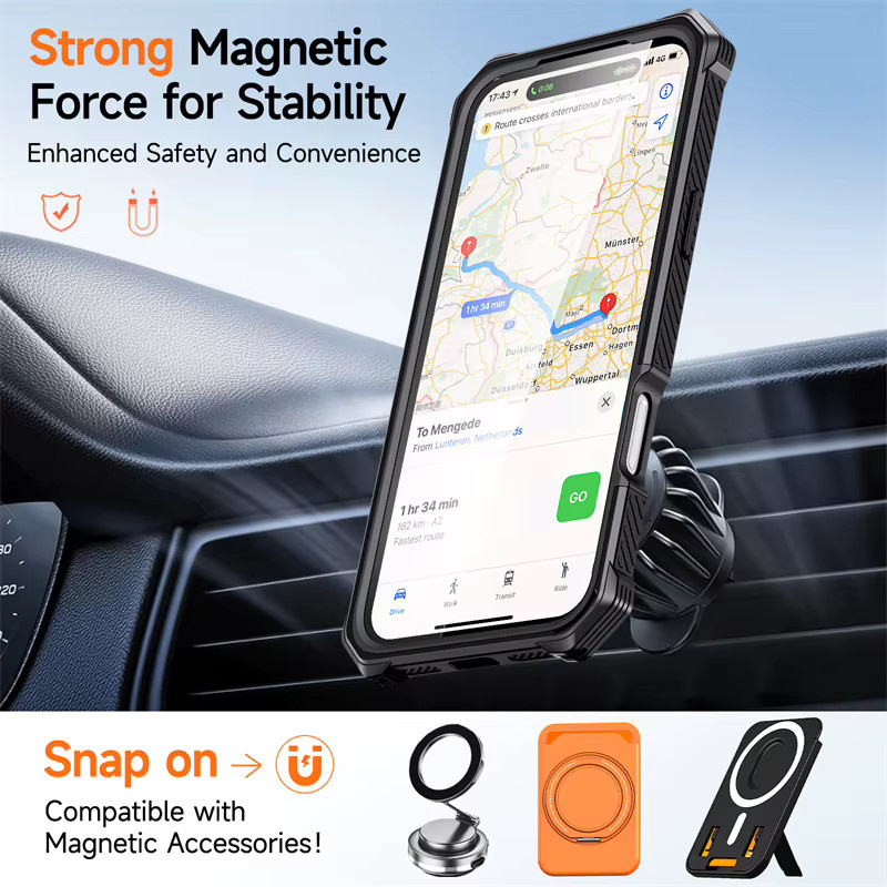 Newteneight Militärische Panzer-Schutzhülle mit Magnetmetall-Ständer für iPhone 16 E, Farbe: Orange, MagSafe kompatibel - Bild 2