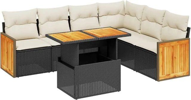 vidaXL 7-teilige Garten-Sofagarnitur in L-Form aus schwarzem Poly-Rattan mit Kissen und pulverbeschichtetem Stahlrahmen - Bild 1