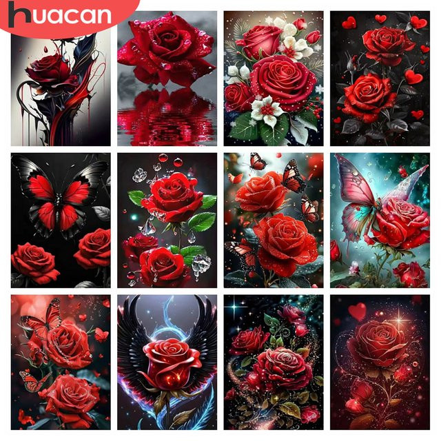 HUACAN Diamant-Gemälde Set mit Blumen und Schmetterling in Rot, rundes Diamant-Mosaik mit Strasssteinen, Durchmesser: 30 cm - Bild 1