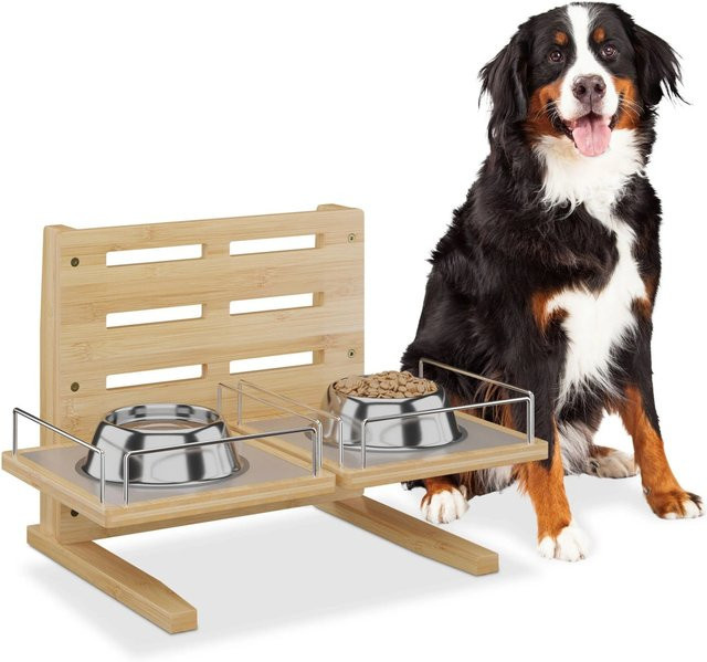 Relaxdays Futterstation für Hunde aus Bambus in Natur mit Edelstahl und Silikon, höhenverstellbar, H x B x T: 37 x 55 x 36 cm - Bild 1