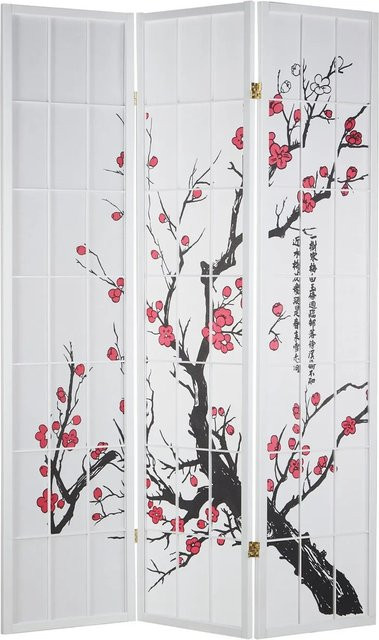 Homestyle4u 3-tlg. Paravent in Weiß mit Kirschblüten-Motiv aus Holz und Reispapier im japanischen Stil, B: 132 cm, H: 175 cm - Bild 1