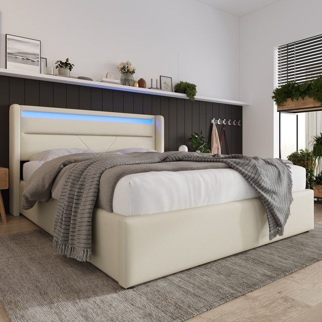 Aosom Doppelbett mit Bettkasten und LED-Unterbettbeleuchtung in Weiß, B/T: 140 x 200 cm - Bild 1