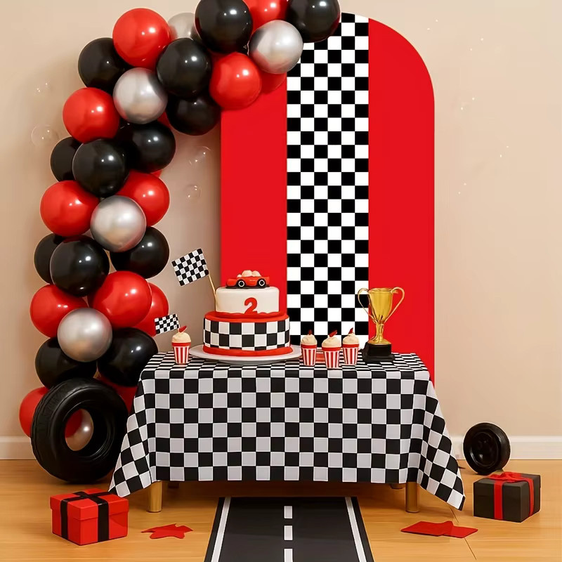 VIKAMA Hintergrundbezug mit Rennstrecken-Motiv in Multicolour für Geburtstage und Partys, elastische Dekoration mit geometrischem Design, B/H: 50 x 50 cm - Bild 3