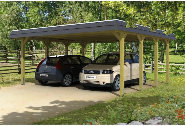 Skan Holz Doppelcarport Spreewald Walmdach aus Nadelholz mit Aluminium-Dachplatten in Schwarz und Grün, B/T: 585 x 589 cm, Höhe: 250 cm - Bild 1