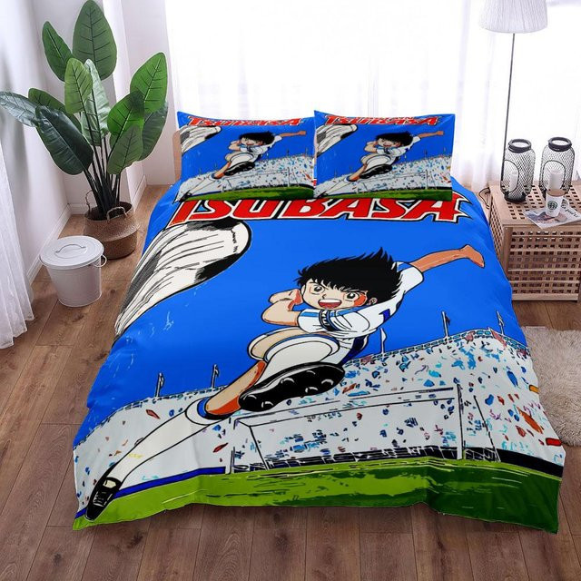 Captain Tsubasa Anime Bettwäsche-Set mit Fußball-Motiv aus Mikrofaser, Blau, B/H: 200 x 200 cm - Bild 1
