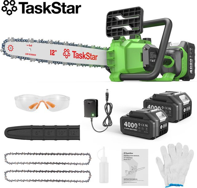 TaskStar 12-Zoll-bürstenlose elektrische Handsäge, kabellose Kettensäge in Grün mit automatischer Schmiervorrichtung, Sicherheitsverriegelung und 2 Akkus à 4000 mAh - Bild 1