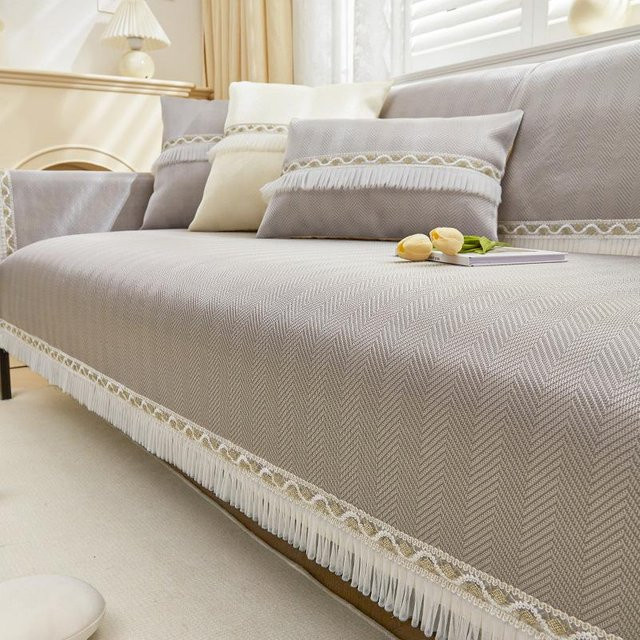 Super Six Sommer Sofabezug aus Eisseide mit weißer Spitze, rutschfester Couchüberwurf in Weiß oder Beige, Breite: 70 cm, Tiefe: 70 cm - Bild 1