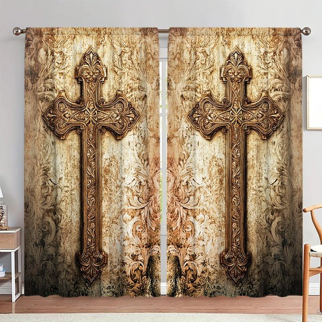 2er-Set Vintage Kreuz Illustration Vorhang aus Polyester in Beige, halbtransparent, B: 52,5 cm, H: 116 cm - Bild 1