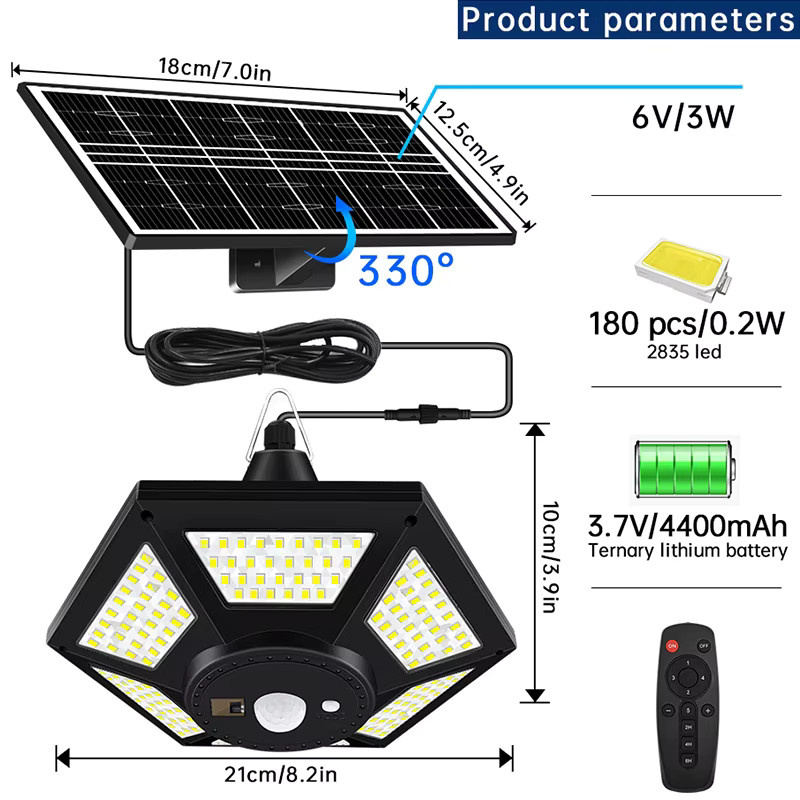 AMARYLLIS Solar-Pendelleuchte mit 180 LED, Schwarz, mit Fernbedienung und Bewegungssensor für Garten und Terrasse - Bild 4
