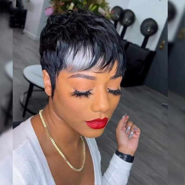 OYM HAIR Pixie-Schnitt-Perücke, Echthaar, 1B/60 Highlights, Damen - Bild 1