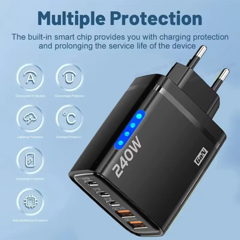 BMAD 5 in 1 GaN Desktop Ladegerät mit 240 W, Schnelles Ladegerät mit 3 PD und 2 USB Anschlüssen, Schwarz - Bild 2