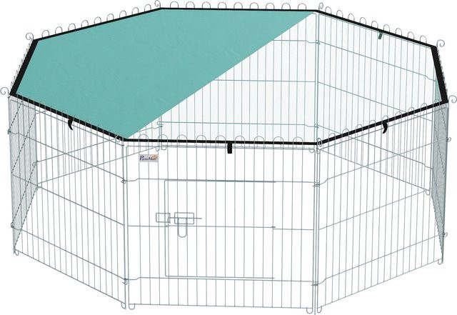 PawHut Hundezwinger 8-Paneel-Gehege mit Dach, modulares und faltbares Tiergehege für kleine Hunde und Katzen, Innen- und Außenbereich, Farbe: Silber/Grün, Höhe: 60 cm - Bild 1