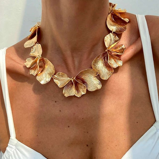 PuRui Choker Halskette, Blütenblatt, Zirkonia, Messing, Gold, Damen - Bild 1