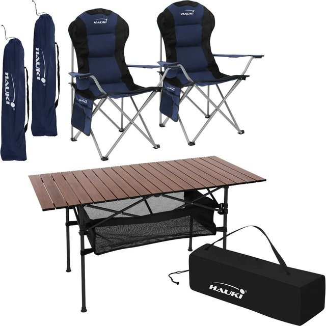 HAUKI Camping Set 3-teilig mit Klapptisch Braun und 2 Campingstühlen Blau - Bild 2