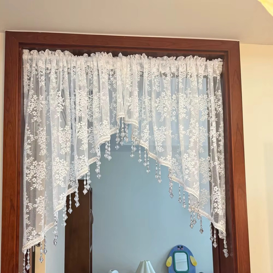 WPKIRA Vintage-Spitzen-Halbvorhang in Weiß mit perlenbesetztem Dreiecksdesign und floralem Muster für Schlafzimmer und Küche, Breite: 90 cm, Höhe: 200 cm - Bild 2