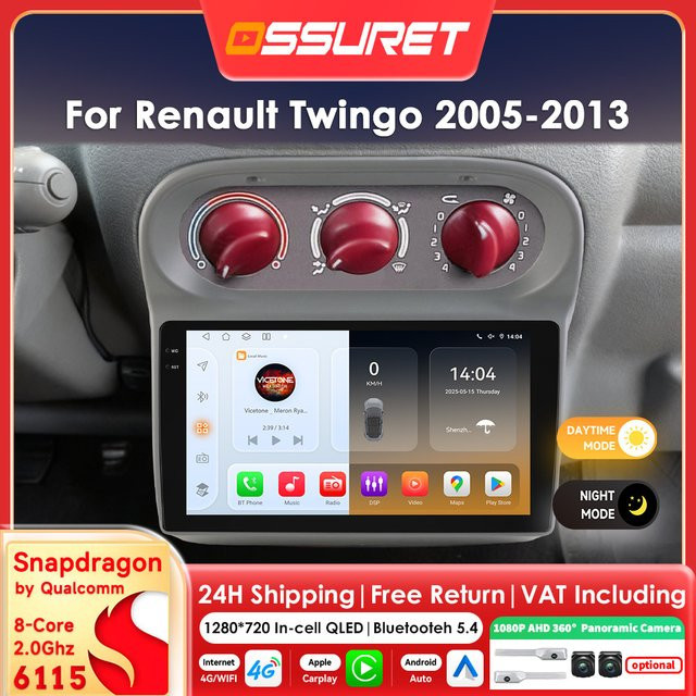 OSSURET 9 Zoll 2DIN Android 14 Autoradio für Renault Twingo 2005-2013 mit Carplay, Snapdragon Prozessor, GPS und 360 Grad Kamera, Schwarz - Bild 1