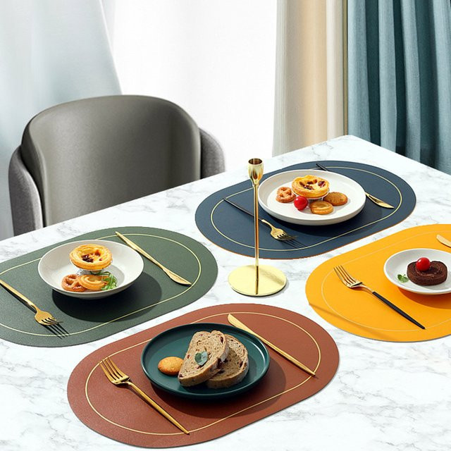 Hitzebeständige Kunstleder-Tischsets in Gelb, ovales Design, doppelseitig, B/T/H: 45 x 30 x 30 cm - Bild 1