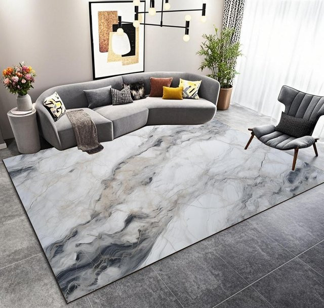 Karpetti Wohnzimmer Teppich in Grau und Weiß mit Marmor-Design, flauschiger Plüschteppich für Schlafzimmer und Sofa, rutschfest und waschbar, B/T: 90 x 60 cm - Bild 1