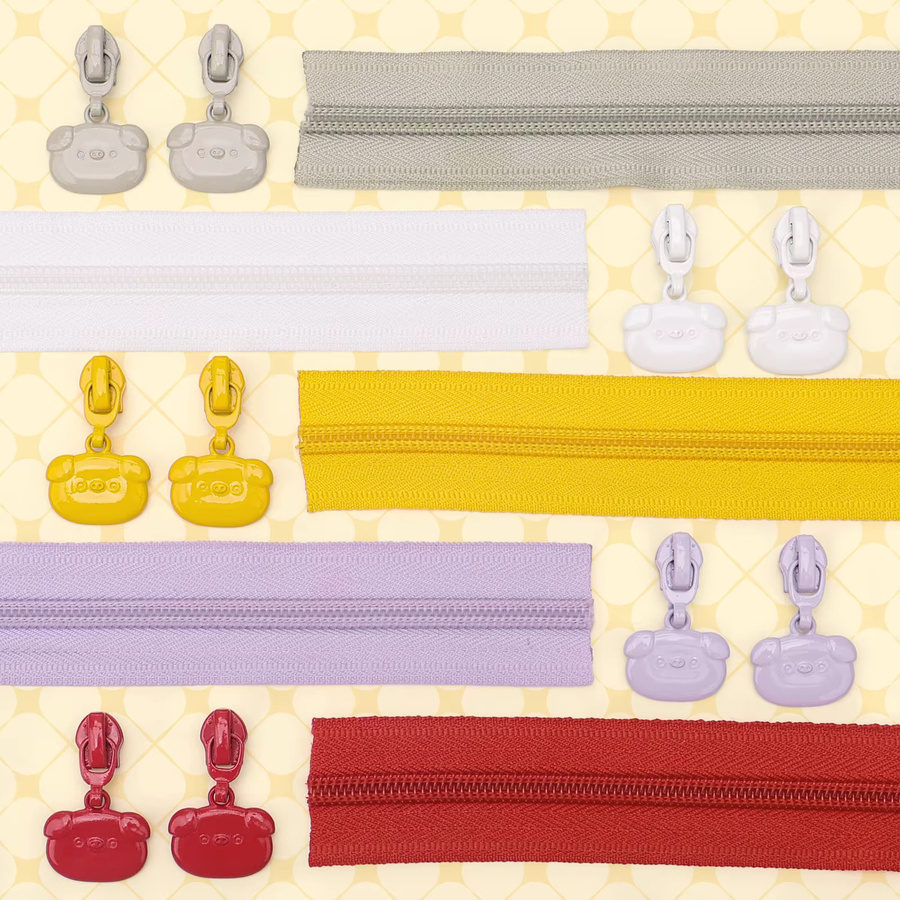 5er Set Changsons Nylon-Reißverschlüsse mit niedlichen Schweinchen-Anhängern in Multicolour, Gesamtlänge: 4,57 m - Bild 3