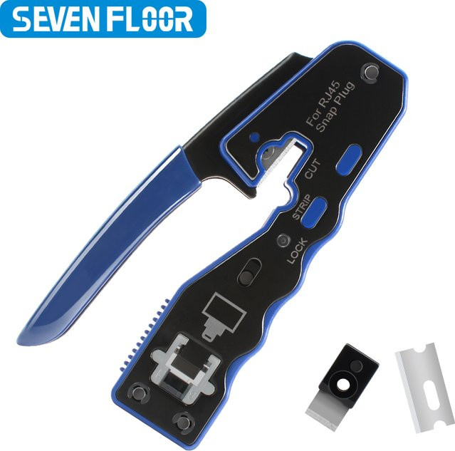Seven Floor RJ45 Durchgangs-Crimpzange All-in-One Ethernet-Crimper für Cat6 Cat5E in Blau - Bild 1