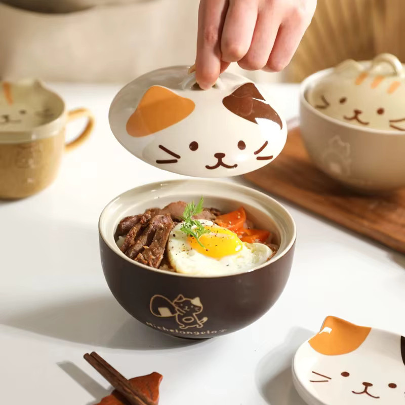 YWDL Keramik Suppenschüssel mit Deckel im japanischen Design mit Katzen-Motiv, Farbe: Gelb - Bild 3