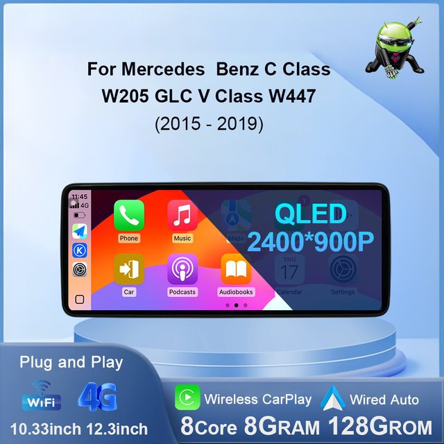 KJ-NAVI Android 14 Multimedia Autoradio mit GPS und WiFi für Mercedes Benz C-Klasse W205, GLC und V-Klasse W447 (2015-2019), NTG 5,0 System, DSP Stereo, Schwarz - Bild 1