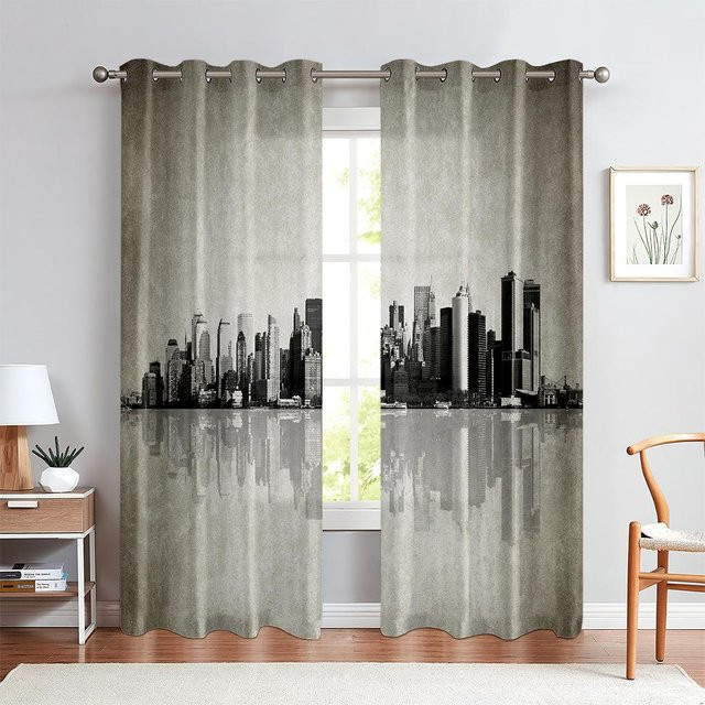 Yiran Furniture Vorhänge im Industriestil mit Stadtgebäude-Motiv, Schwarzweiß, 2er-Set, Breite: 50 cm, Höhe: 130 cm - Bild 1