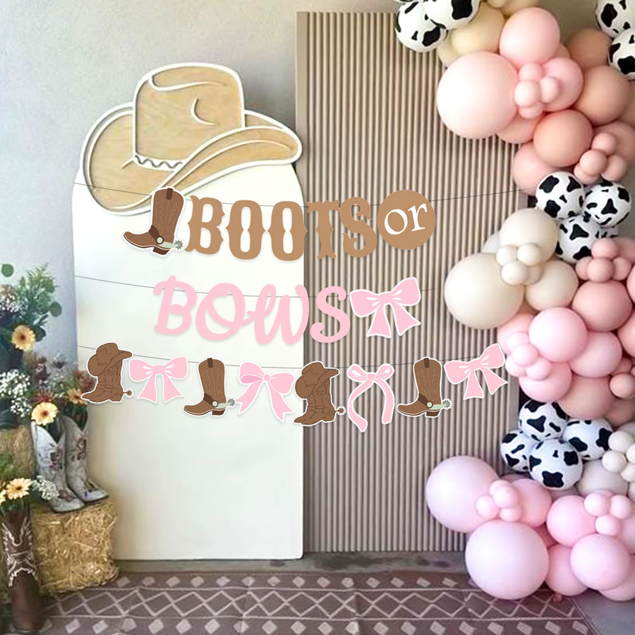LaVenty Gender Reveal Banner mit Stiefel- und Schleifen-Motiv in Pink und Multicolour für deine Cowgirl Partydekoration - Bild 3