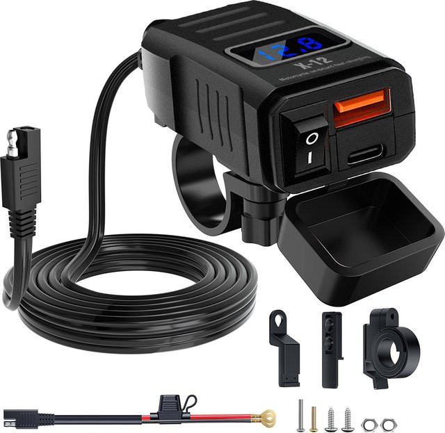 PD QC3.0 Motorrad-USB-Ladegerät mit Dual-USB-Anschluss, Voltmeter und Schalter, wasserdichter 12V-Adapter in Schwarz für Telefon und GPS - Bild 1