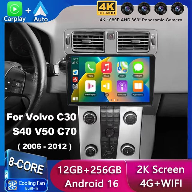 Android 16 Multimedia-Autoradio mit QLED-Bildschirm, GPS, Bluetooth und WiFi für Volvo C30 S40 V50 C70 (2006 - 2012), Schwarz - Bild 1