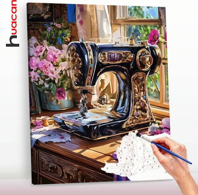 Huacan Malen nach Zahlen Set mit Nähmaschine und Blumen-Motiv auf Leinwand, Vintage Wandkunst in Mehrfarbig - Bild 1