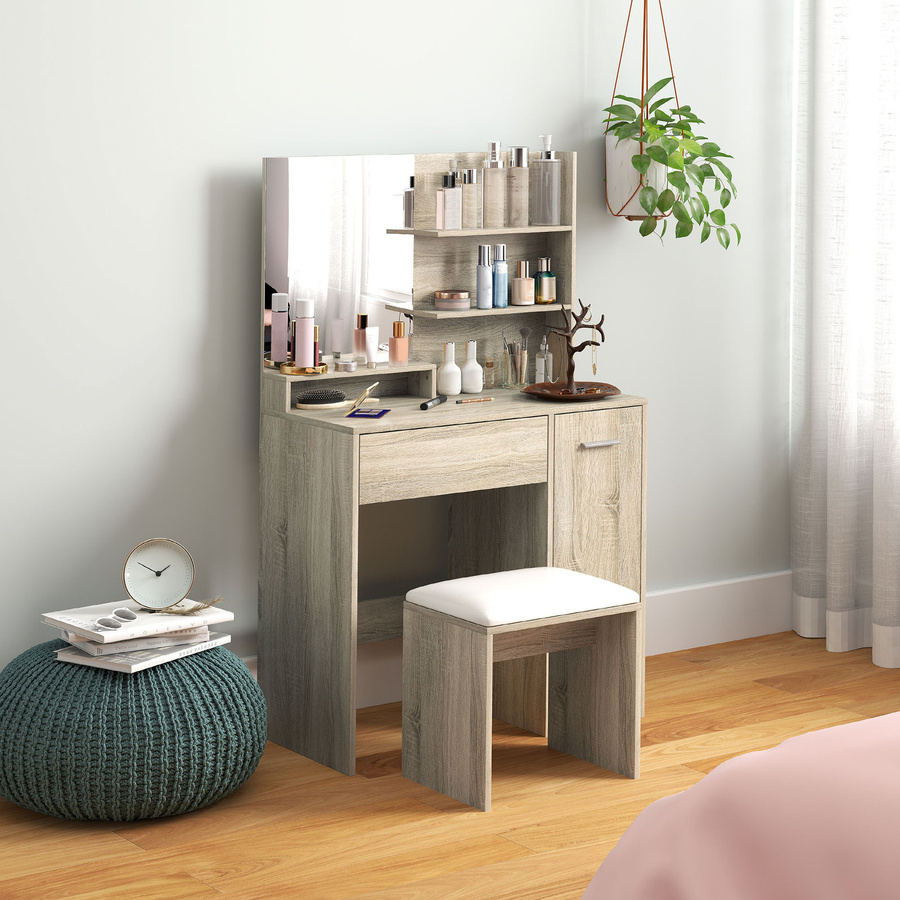 HOMCOM Schminktisch mit Hocker und Spiegel in Natur, inklusive offener Regale, Schublade und verstellbarem Regal für dein Schlafzimmer oder Ankleidezimmer - Bild 2