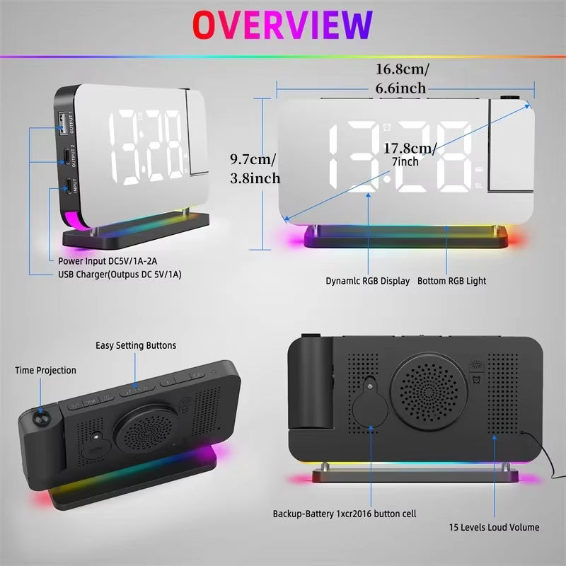 NieNie Projektionswecker mit UKW-Radio, RGB-Nachtlicht und digitaler LED-Uhr, Farbe: Weiß/Multicolor - Bild 6